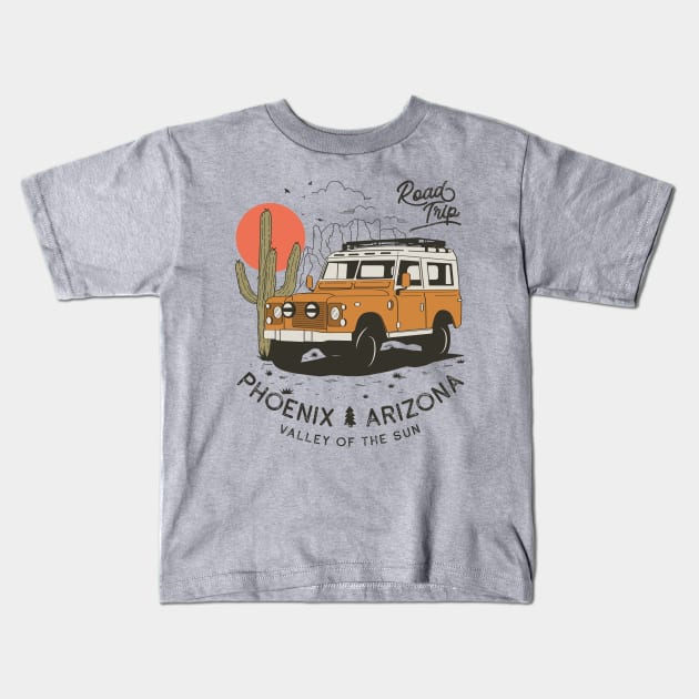 Vintage Phoenix AZ Desert Cactus Sunset Road Trip Kids T-Shirt by Fitastic